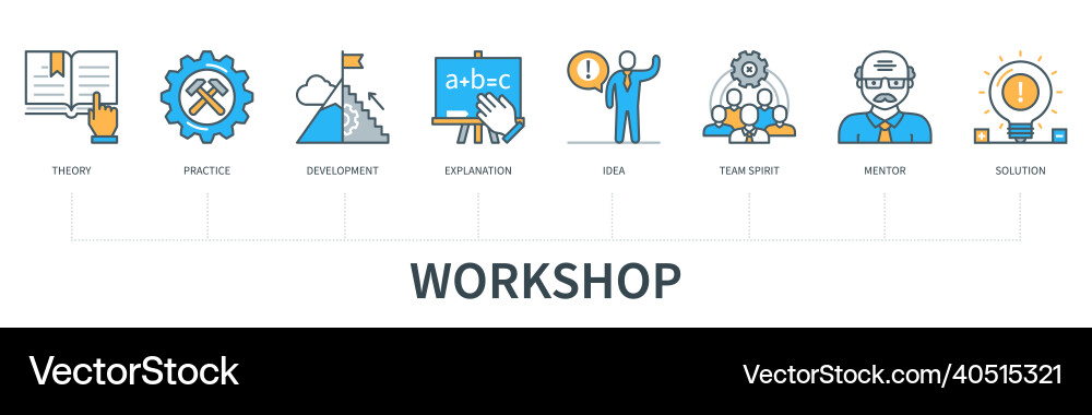 Workshop concept with icons theory practice Workshop concept with icons theory practice Vector Image