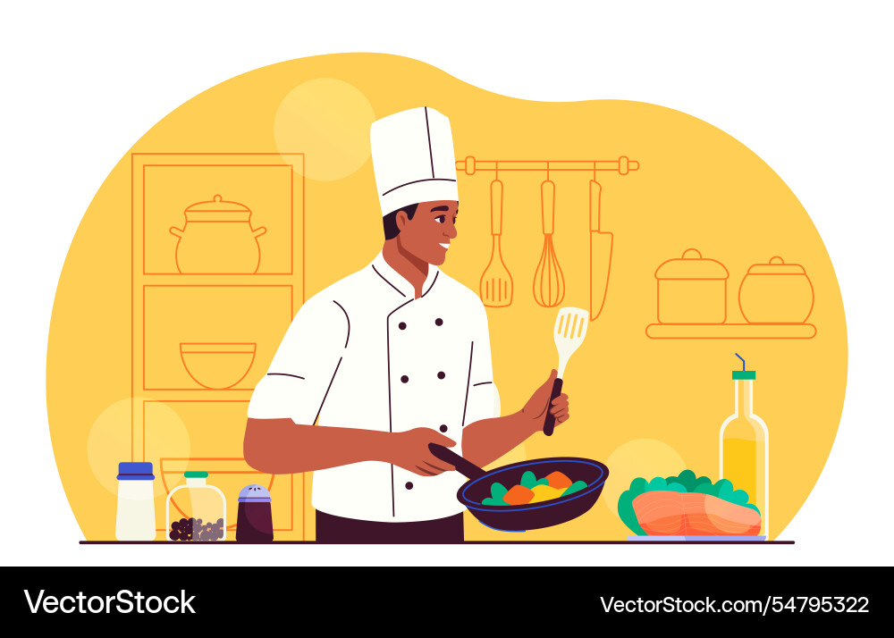 Chef with frying pan man in chefs hat Chef with frying pan man in chefs hat vector image