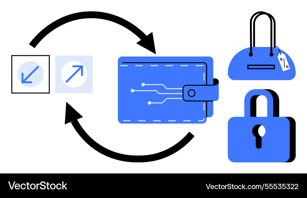 Digital wallet with arrows indicating secure Digital wallet with arrows indicating secure vector image