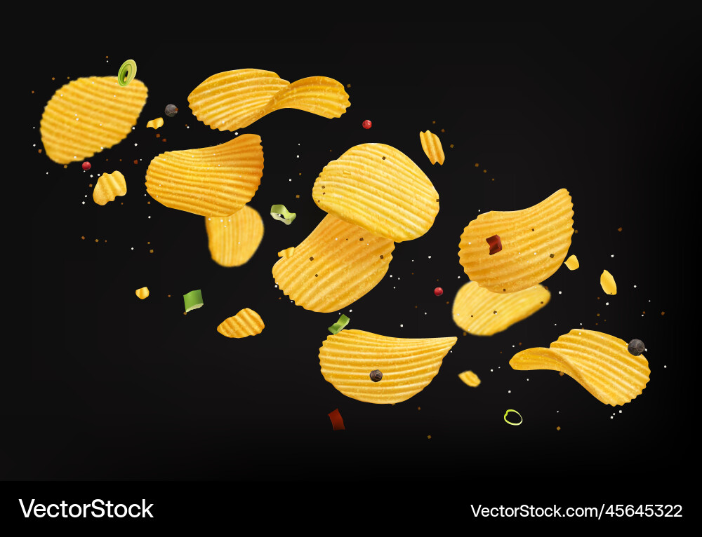 Flying crispy ripple potato chips with onion Vector Image