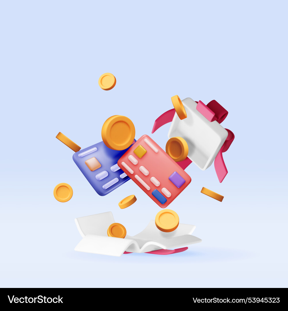3d bank card and money in gift box 3d bank card and money in gift box vector image