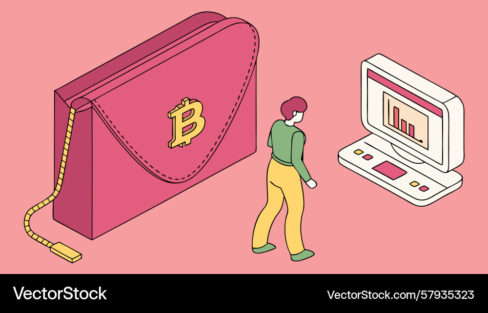 Bitcoin wallet and computer isometric Vector Image