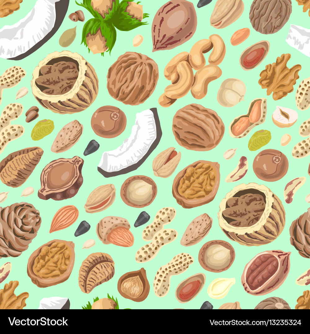 Seamless pattern with colored nuts and seeds Vector Image
