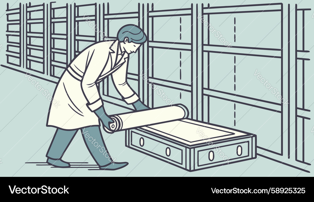 Archivist handling a large scroll document design Vector Image
