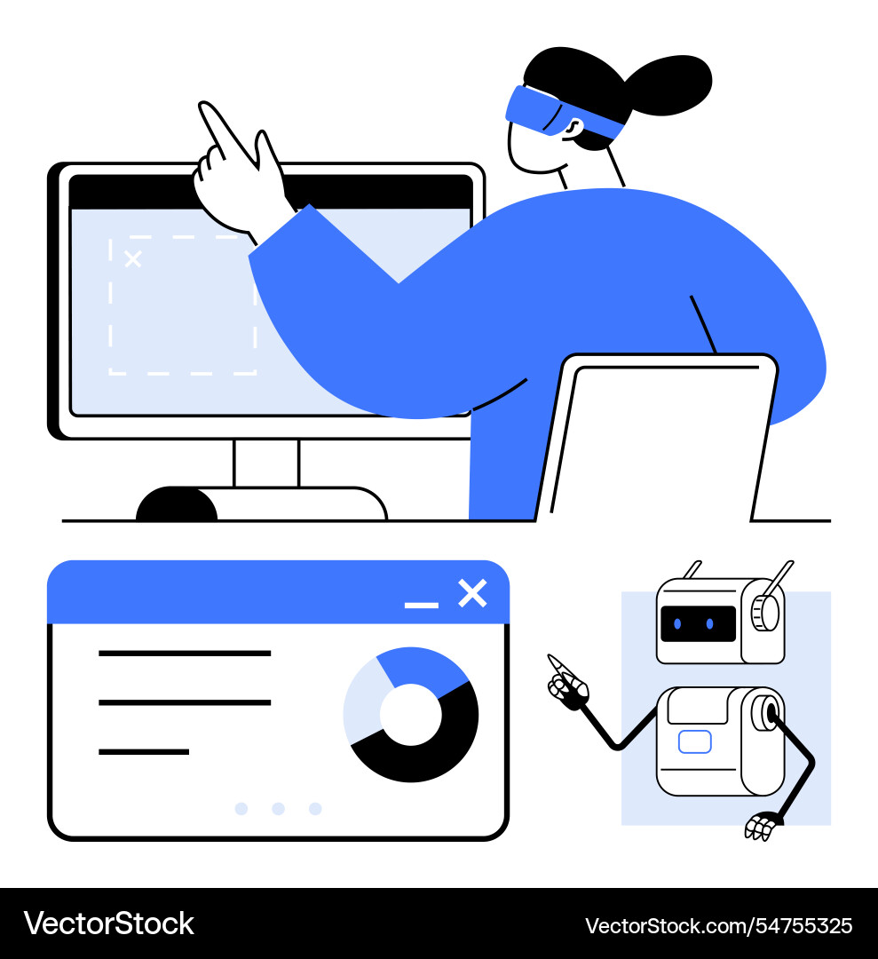 Person interacting with computer monitor Person interacting with computer monitor vector image