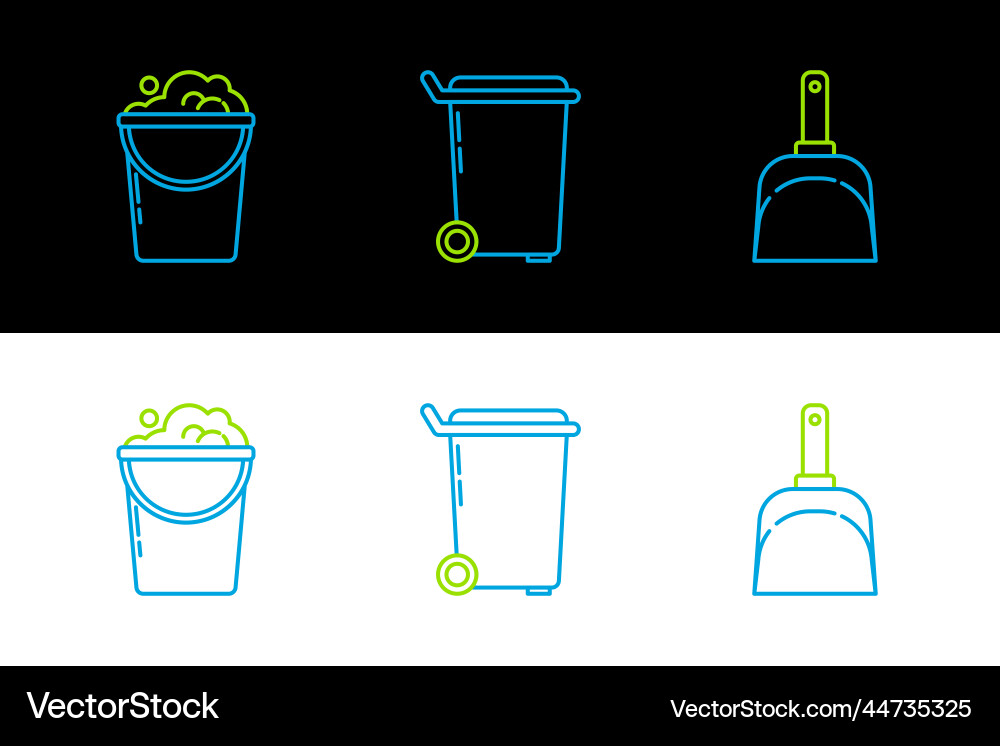 Set line dustpan bucket with foam and bubbles Set line dustpan bucket with foam and bubbles Vector Image