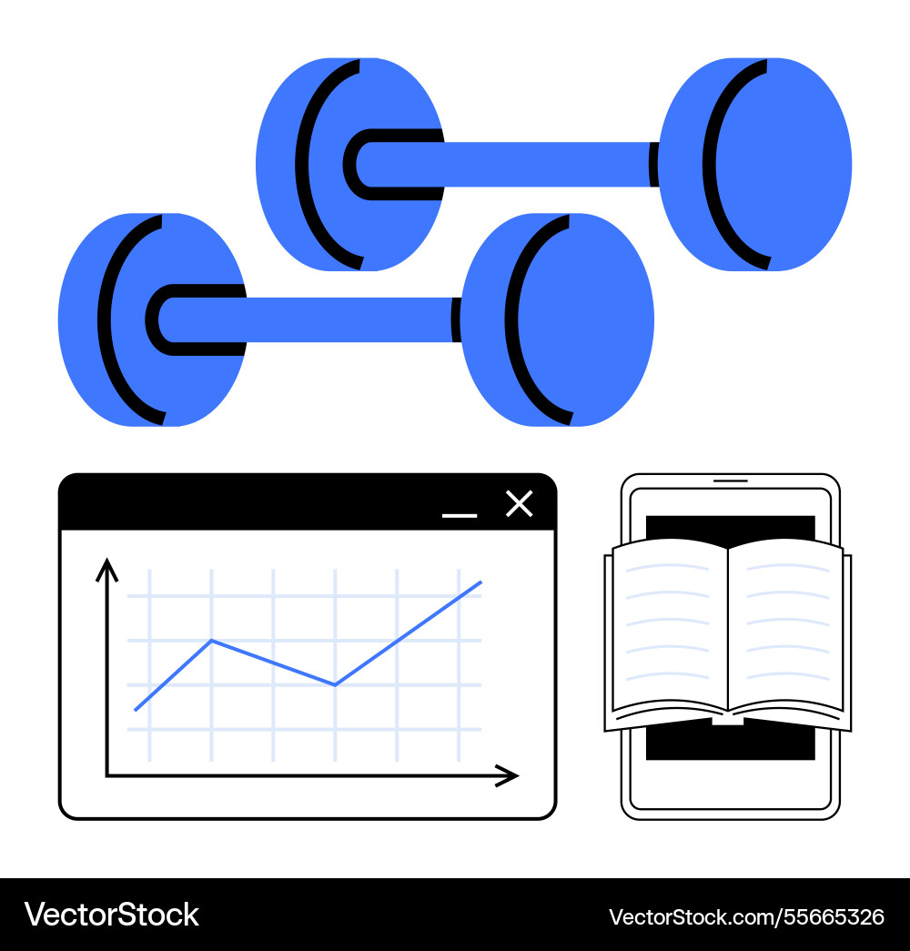 Dumbbells tablet with open book and progress Dumbbells tablet with open book and progress vector image