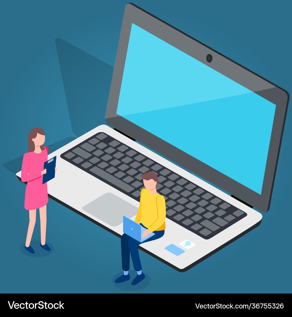 Man sitting near laptop and working on computer Vector Image