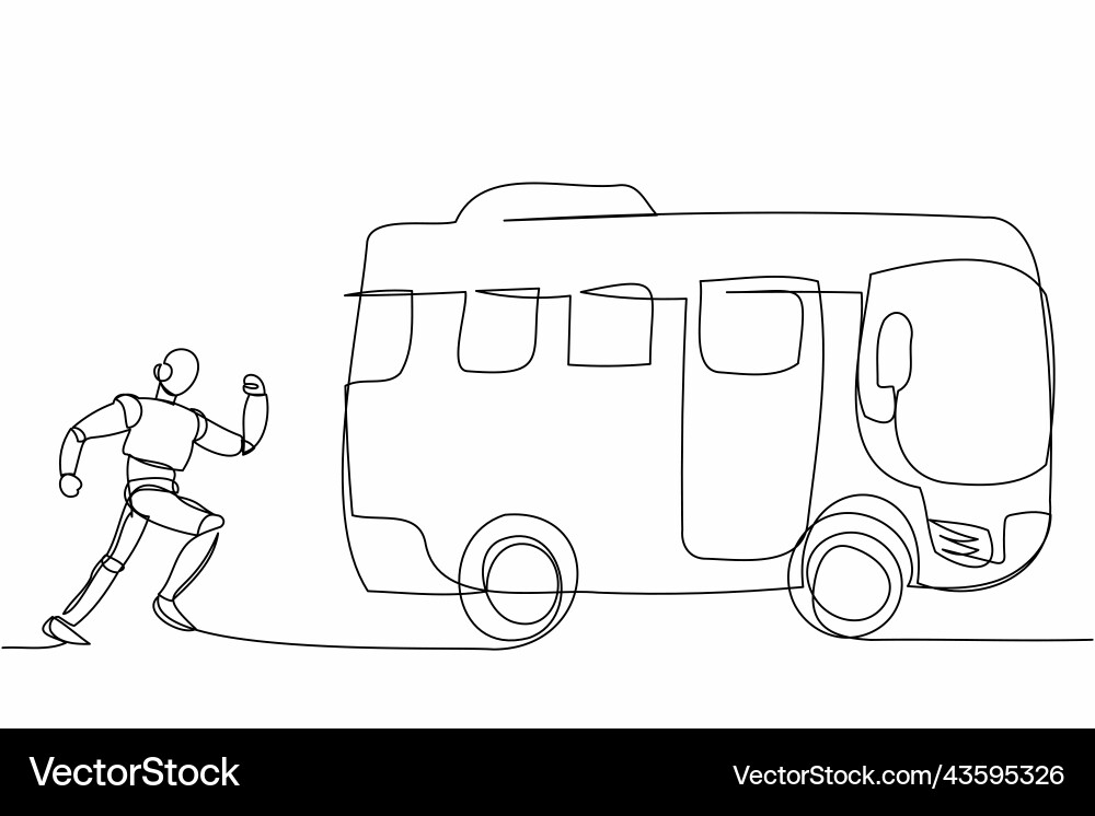 Single one line drawing robot run chasing bus Vector Image