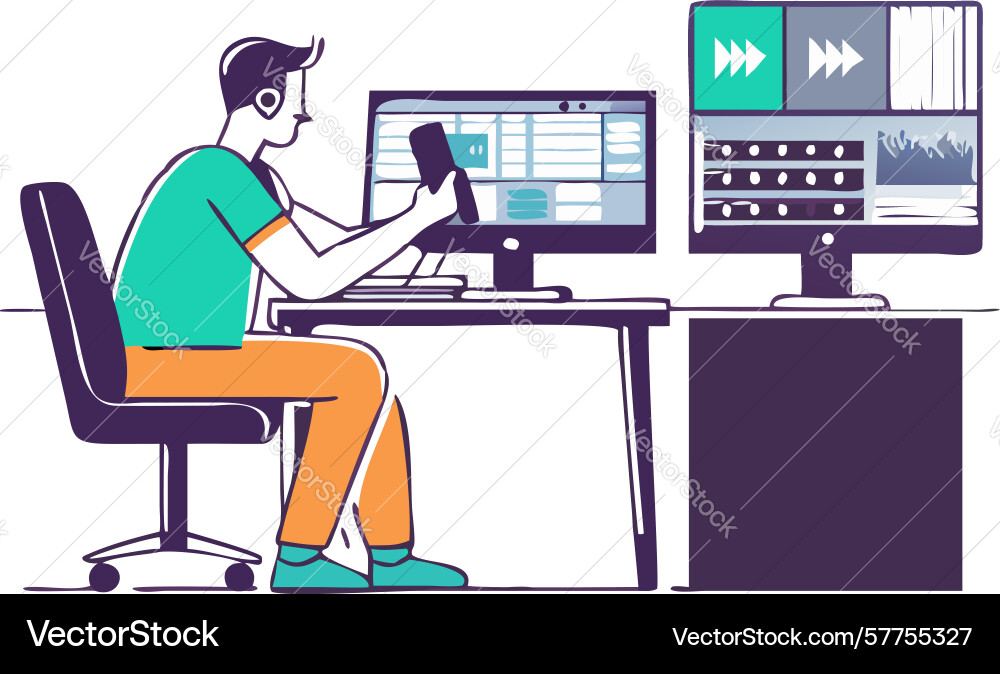 Focused developer coding on dual monitors design vector image