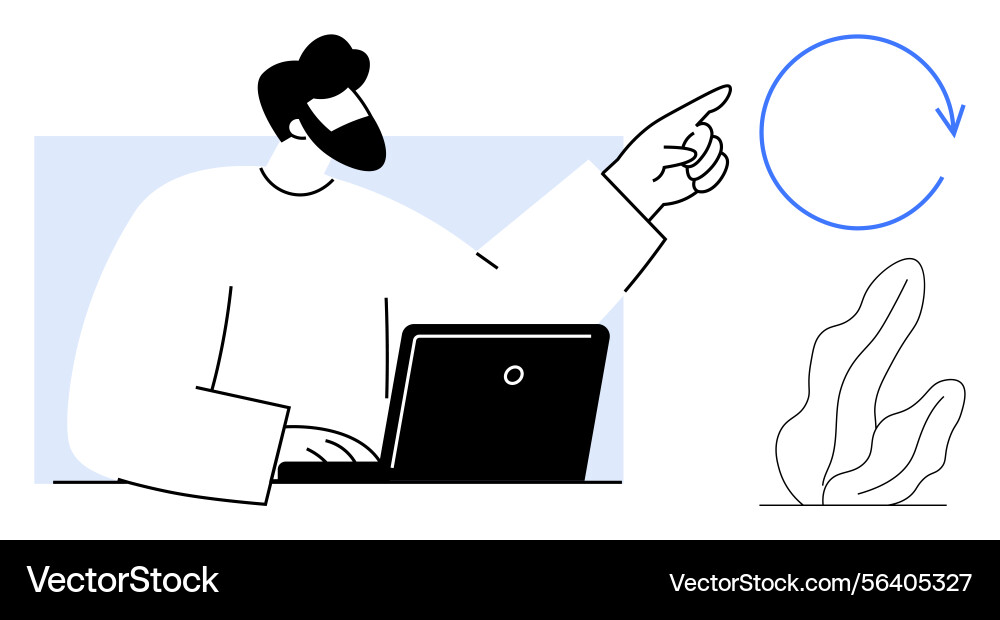 Man using laptop and pointing at circular process Man using laptop and pointing at circular process vector image