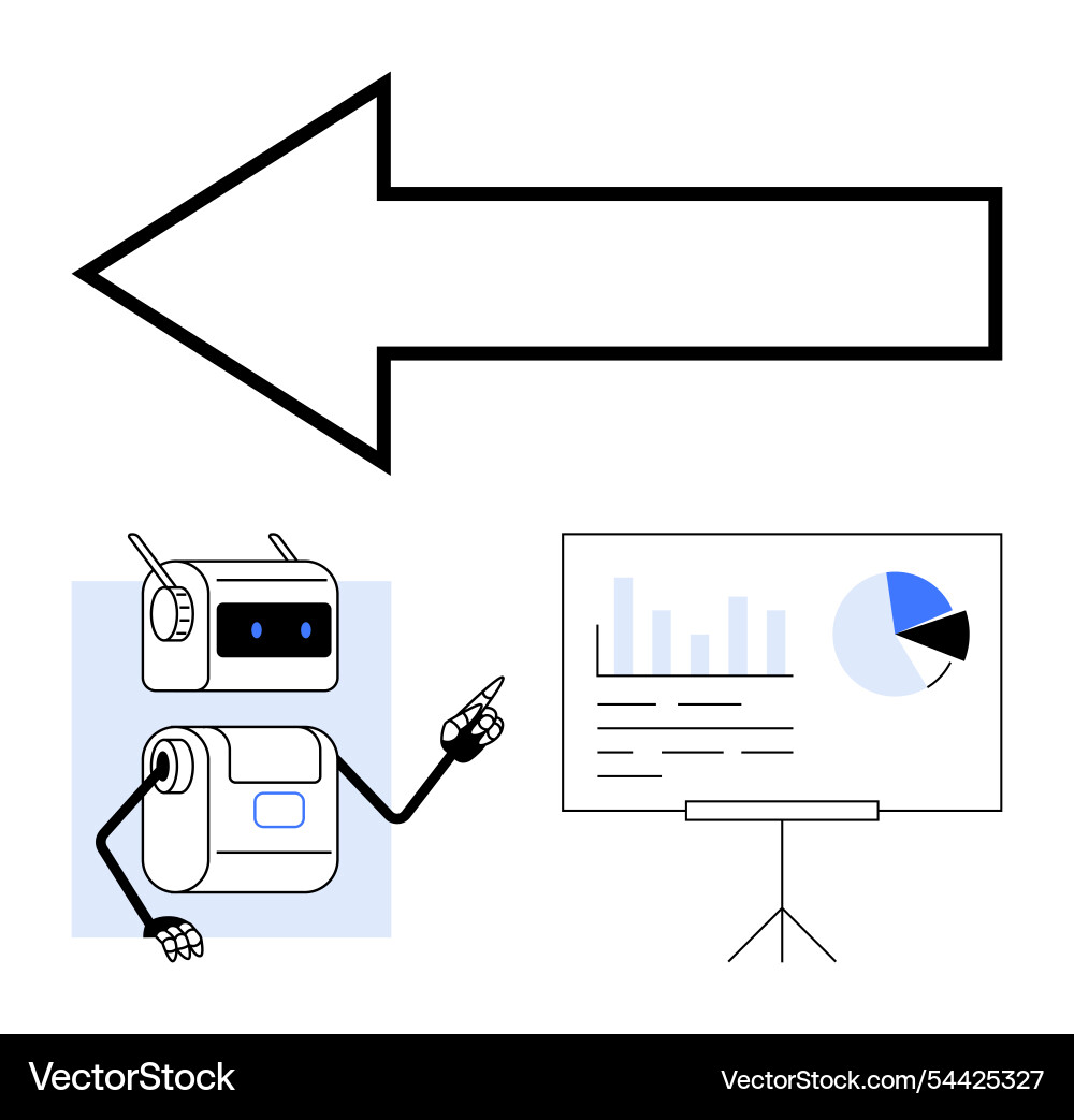 Robot presenting graphs on screen with left vector image