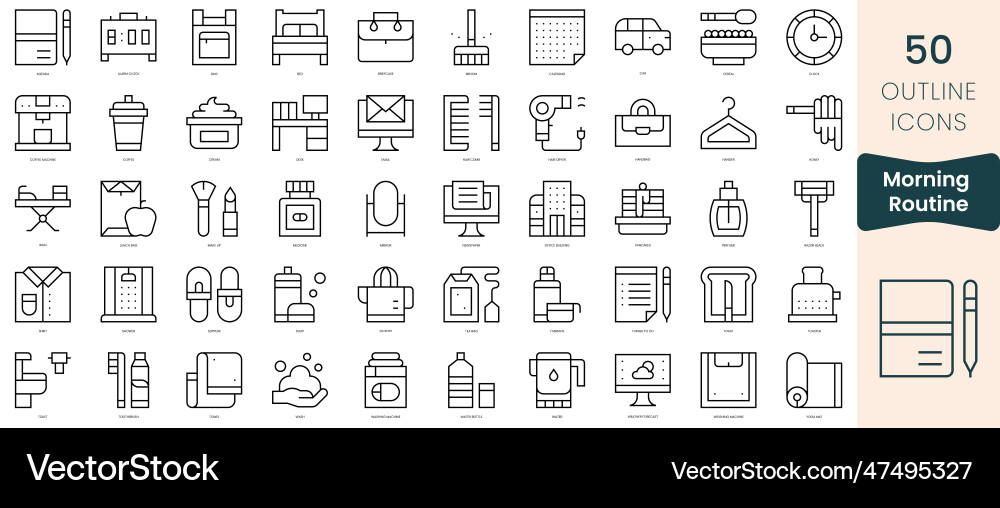 Set of morning routine icons thin linear style Set of morning routine icons thin linear style vector image