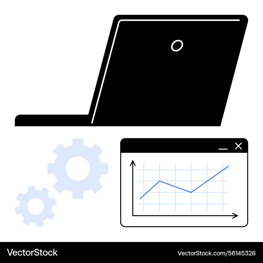 Laptop with graph window and gears representing Vector Image