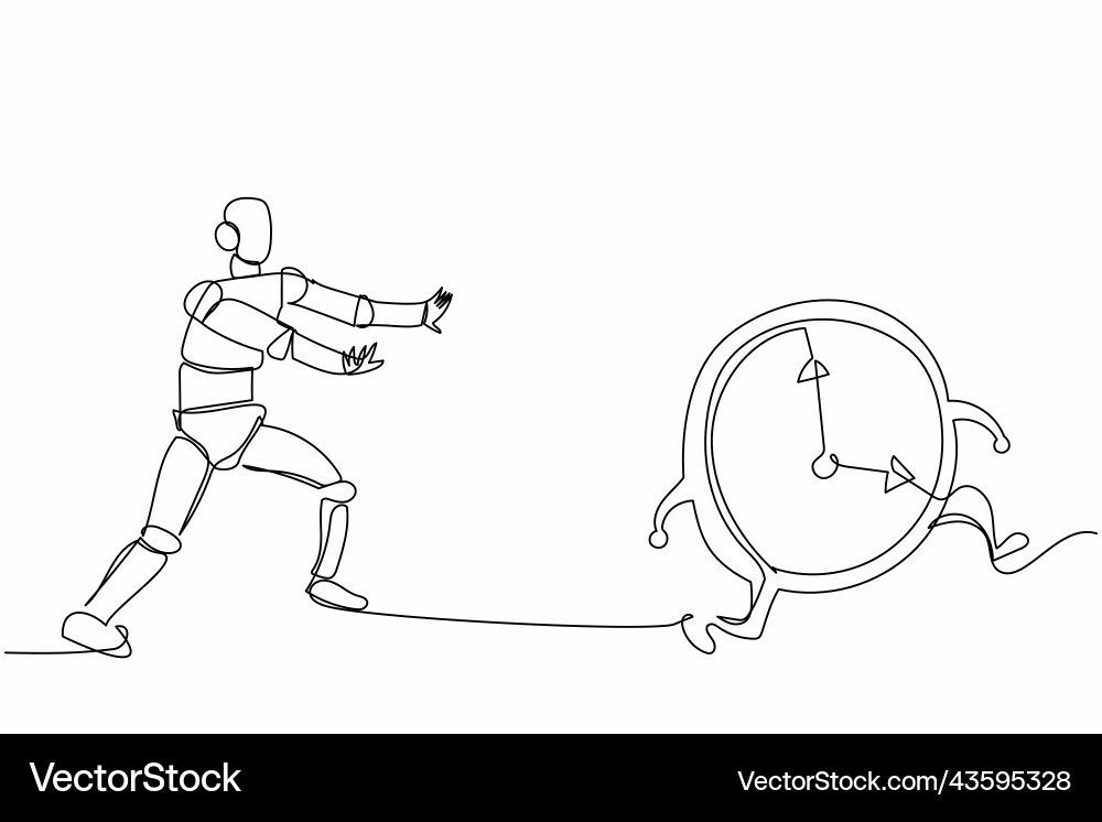Single continuous line drawing robot chase clock Vector Image