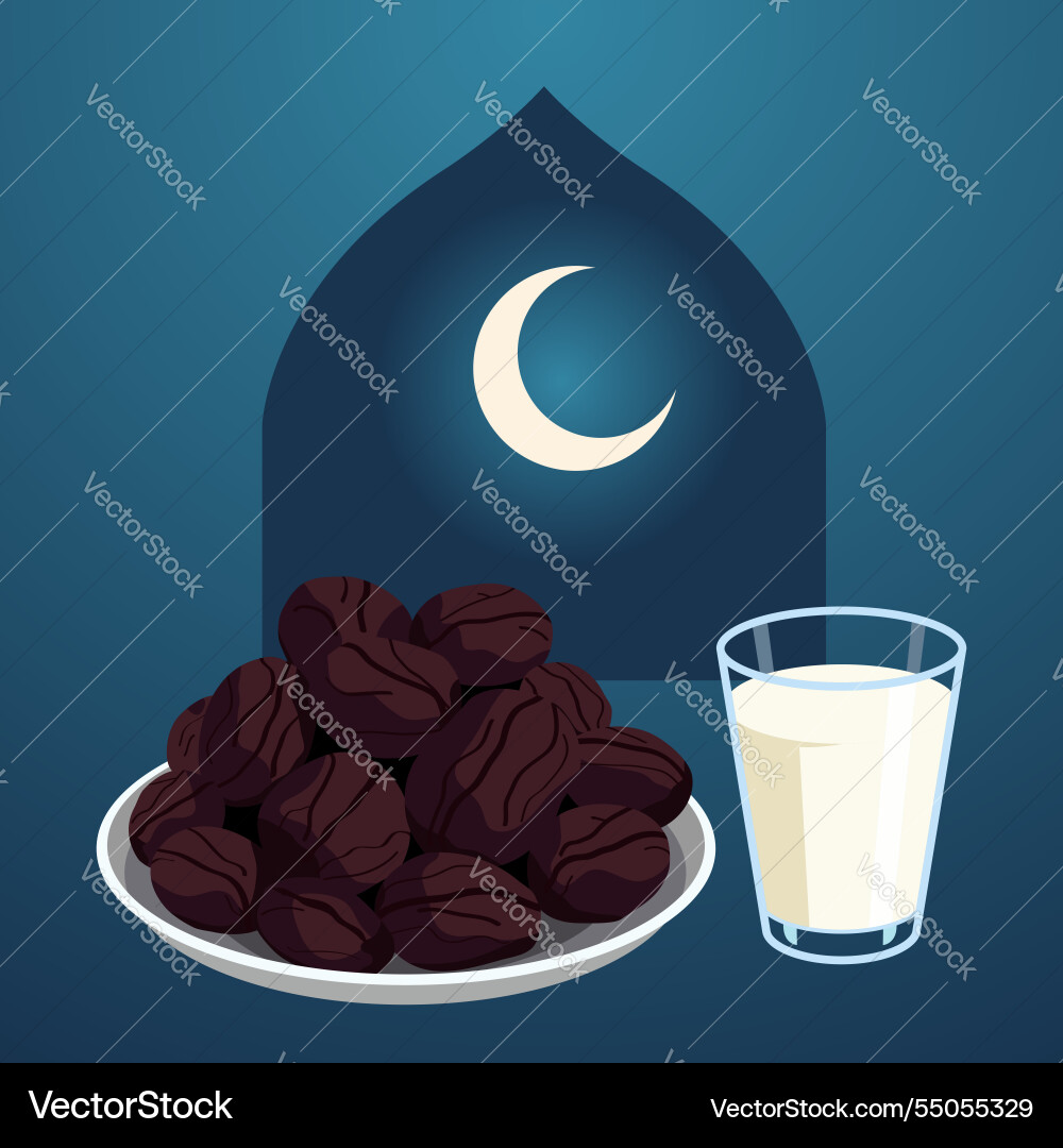 Iftar time with dates and milk infront Iftar time with dates and milk infront Vector Image