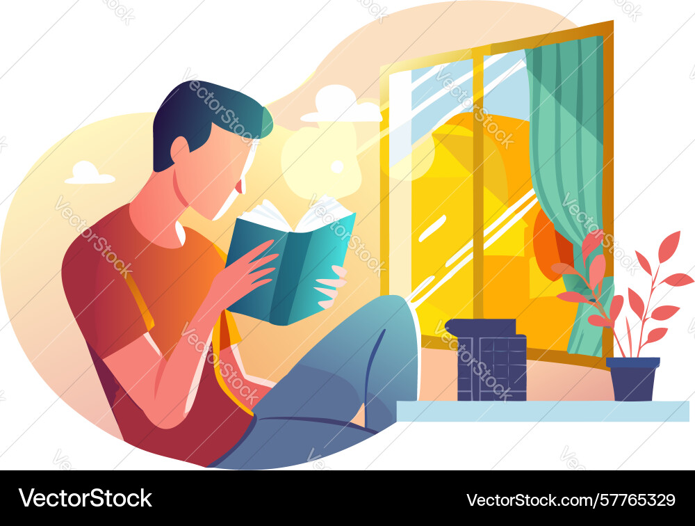 Man reading book by window cozy learning scene Vector Image