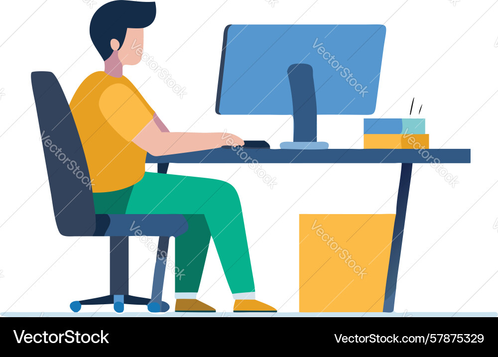 Man working on computer at desk remote work setup vector image