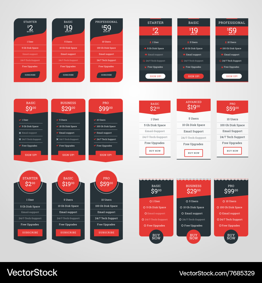 Set of pricing table design templates for websites Vector Image