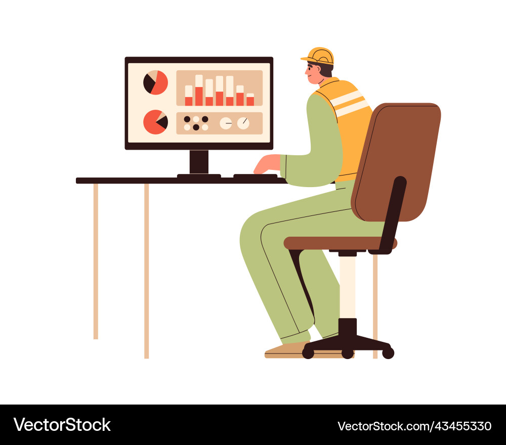 Industry supervisor at computer screen monitoring Vector Image