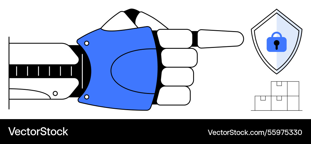 Robotic hand pointing towards security shield Robotic hand pointing towards security shield vector image