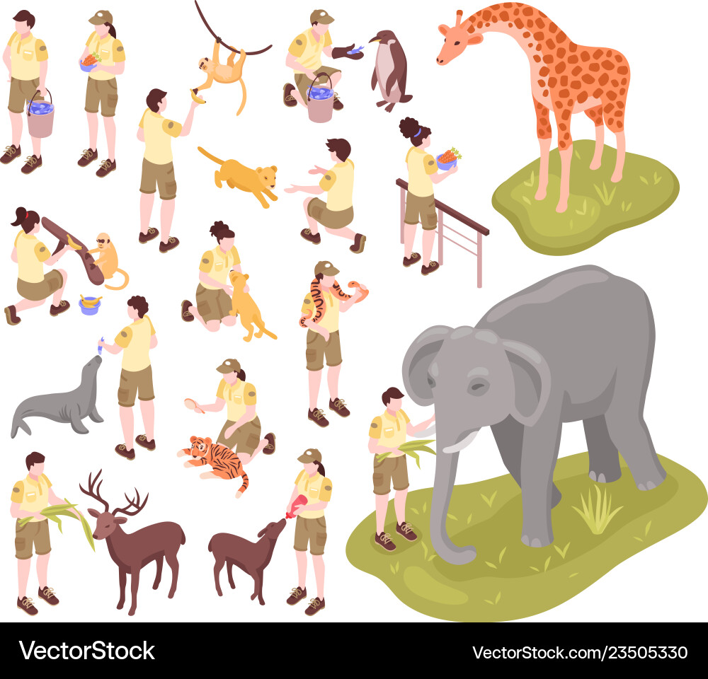 Zoo workers isometric set vector image