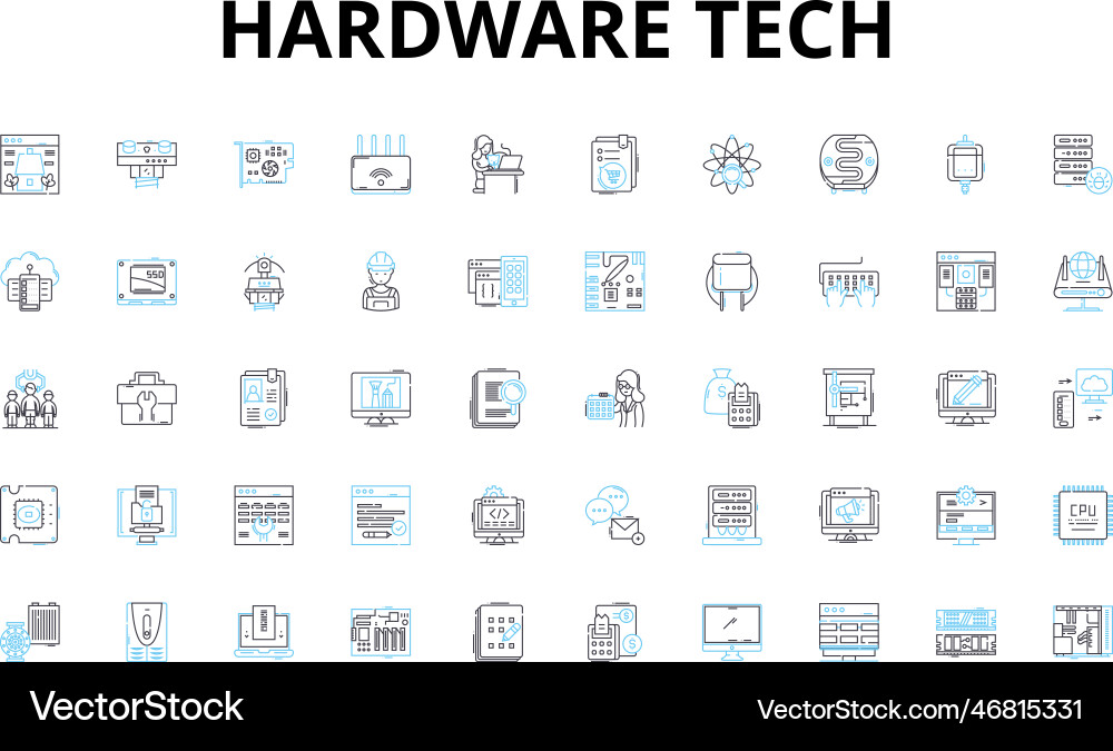 Hardware tech linear icons set processor Hardware tech linear icons set processor Vector Image