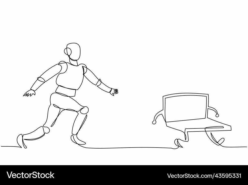 Single continuous line drawing robot chasing Vector Image