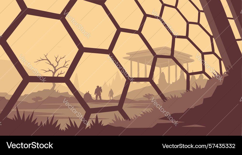 Abstract honeycomb grid with distant structures vector image