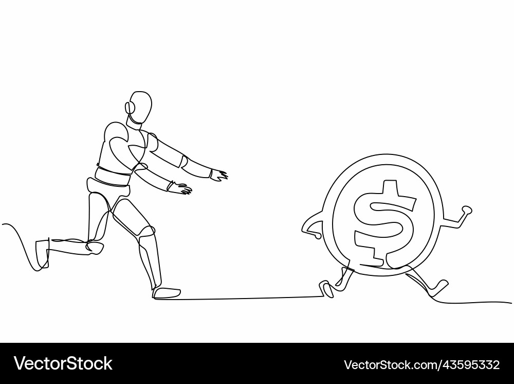 Continuous one line drawing robot chase dollar Continuous one line drawing robot chase dollar vector image