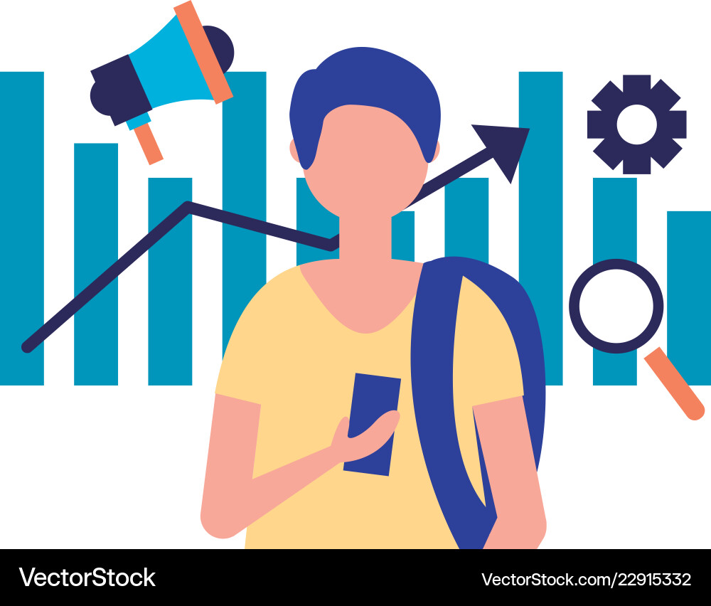 Man using mobile chart report marketing vector image