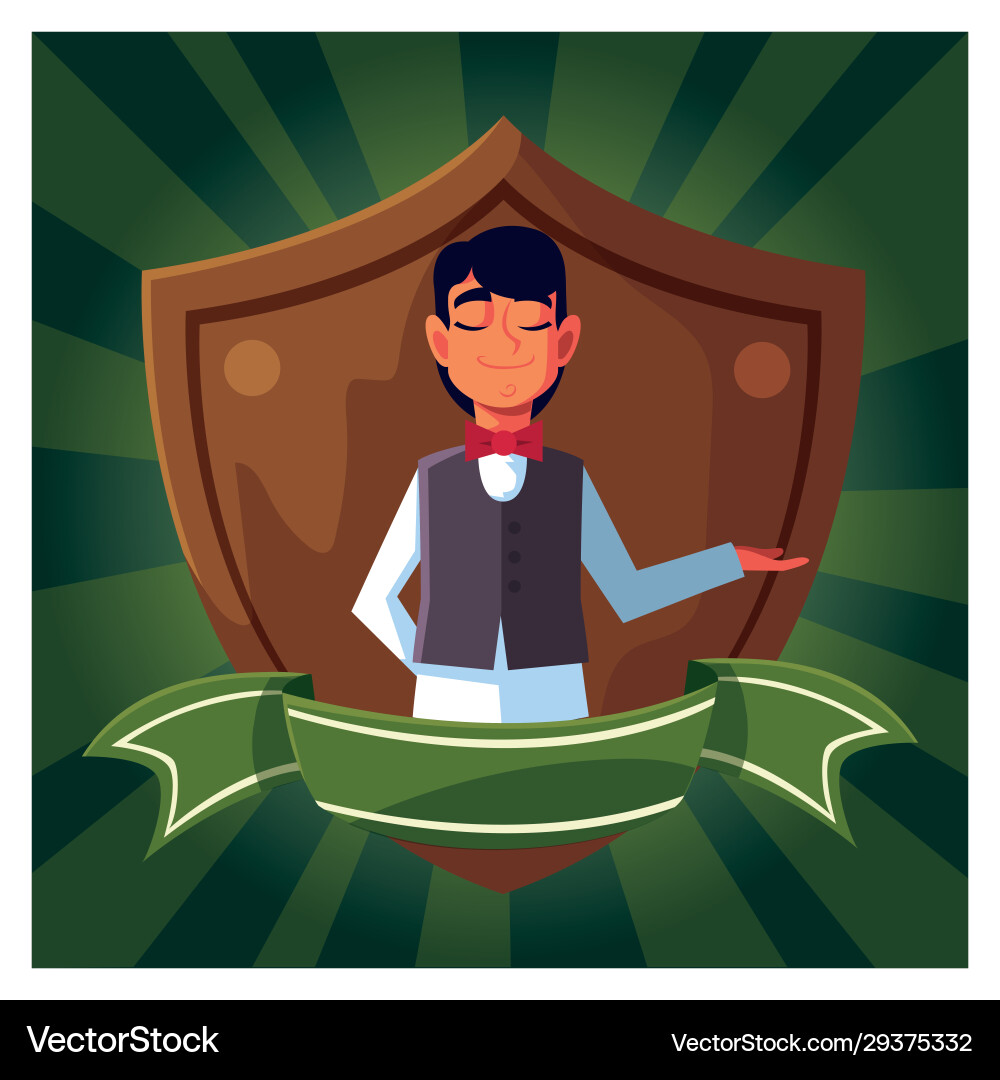 Man waiter with uniform in shield ribbon Man waiter with uniform in shield ribbon Vector Image