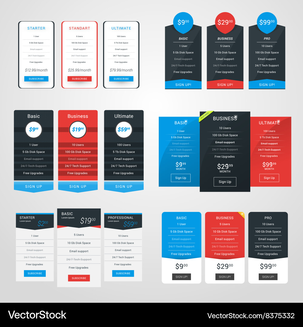 Set of pricing table design templates for websites Vector Image