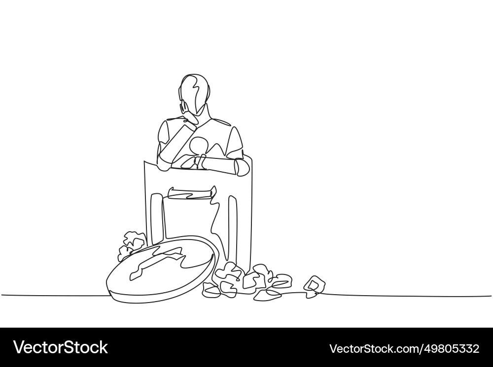 Single one line drawing robot is in the trash Vector Image