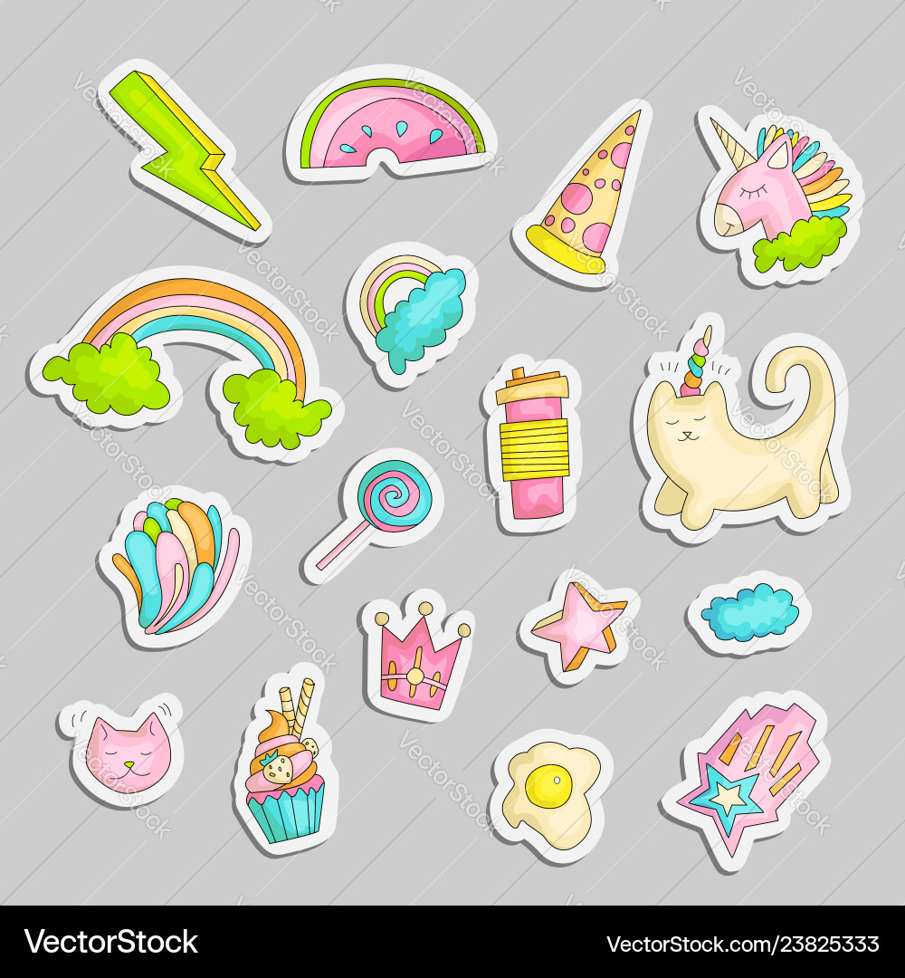 Cute funny girl teenager colored stickers set Cute funny girl teenager colored stickers set Vector Image