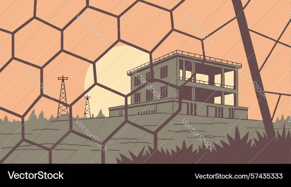 Distant building through hexagonal mesh grid vector image