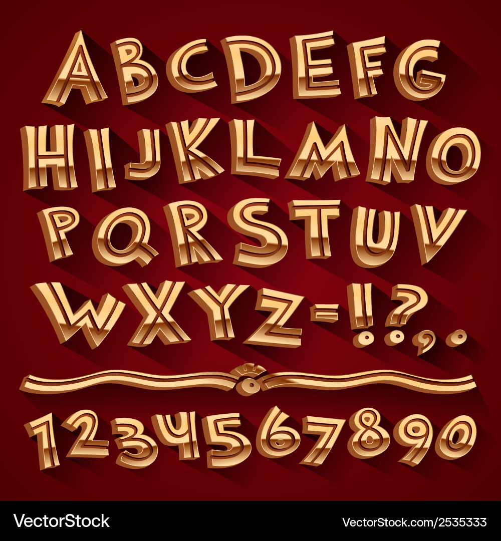 Golden retro 3d font with strips on red background vector image