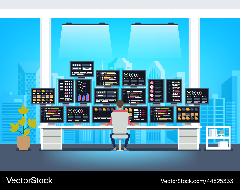 Professional programmer working writing code Professional programmer working writing code Vector Image