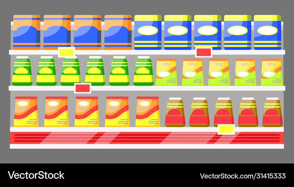 Row with products in containers on fridge shelf Row with products in containers on fridge shelf Vector Image