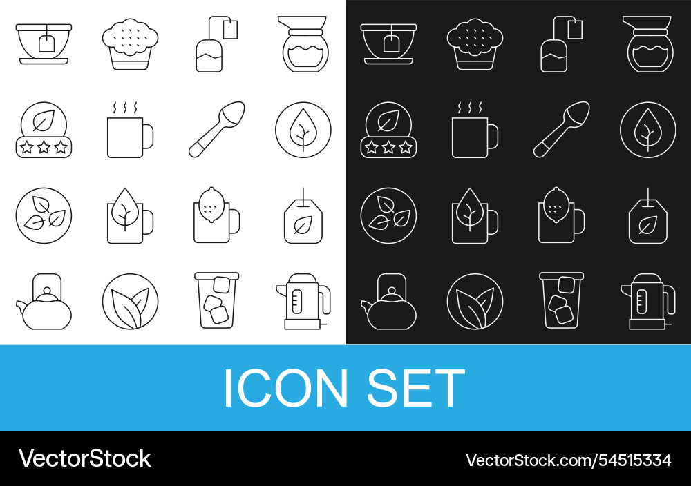 Set line electric kettle tea bag with leaf cup Set line electric kettle tea bag with leaf cup vector image