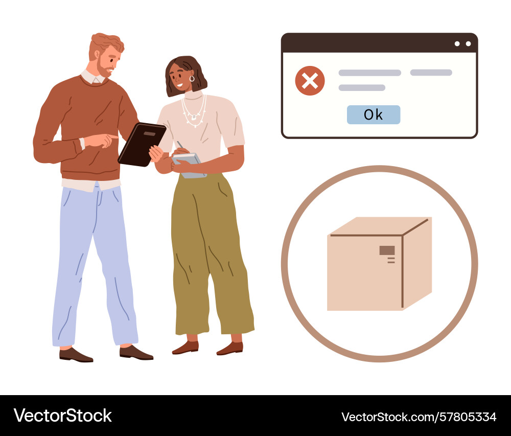 Team discussing delivery issue with tablet error Team discussing delivery issue with tablet error Vector Image