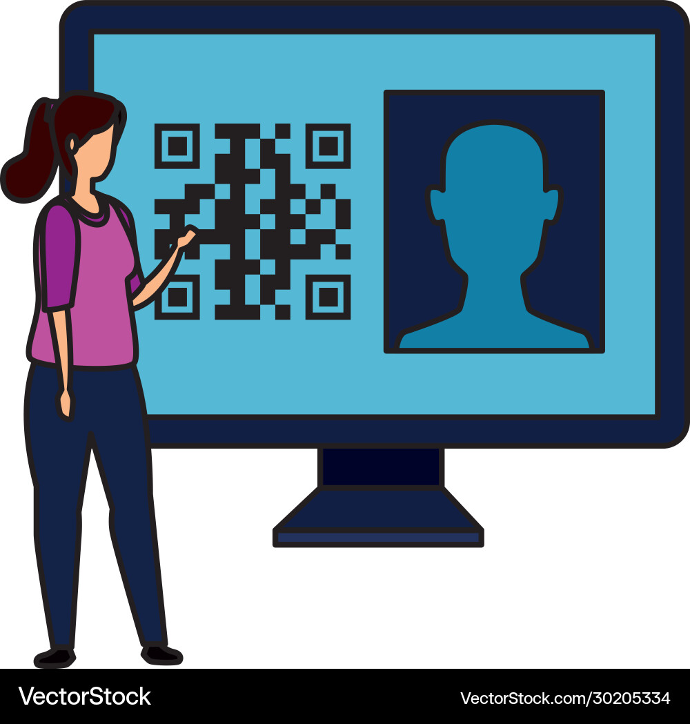 Woman and computer with qr code Vector Image