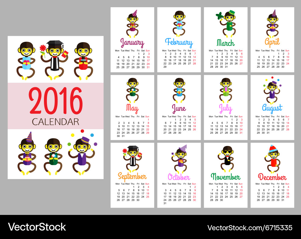 Calendar print template with funny monkeys Vector Image