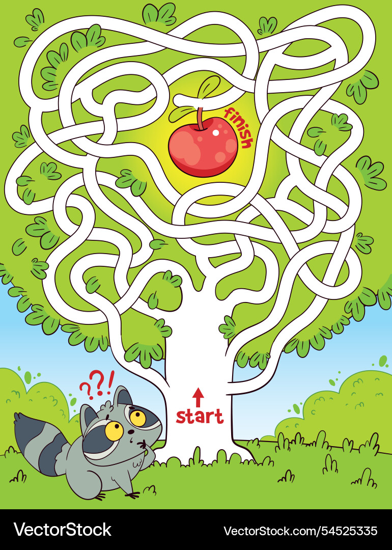 Help the raccoon go through trees maze and get Help the raccoon go through trees maze and get vector image