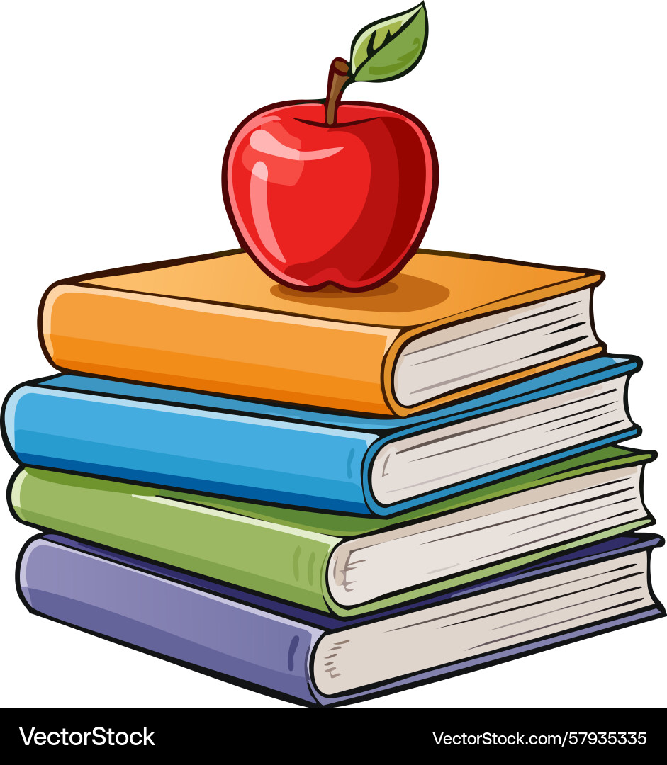 Stack of books with red apple on top Vector Image