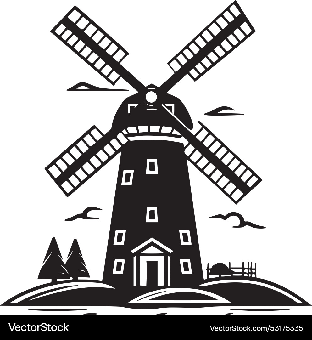 Windmühle - schwarz-weiß isolierte Ikone Windmühle - schwarz-weiß isolierte Ikone vektorbild