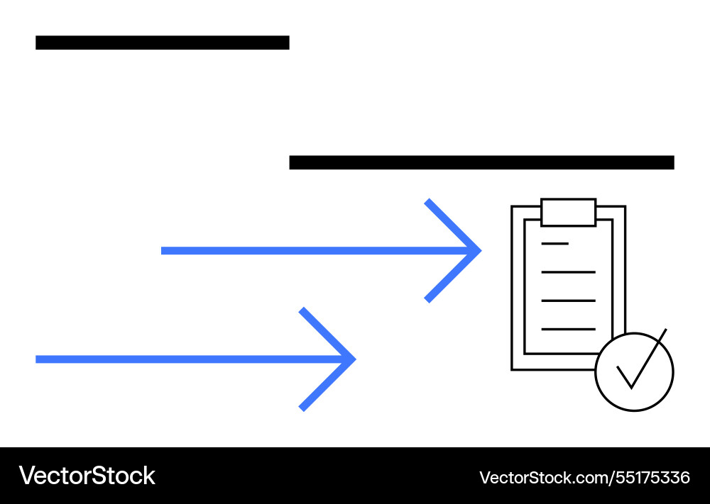 Blue arrows pointing to checklist with checkmark Blue arrows pointing to checklist with checkmark vector image