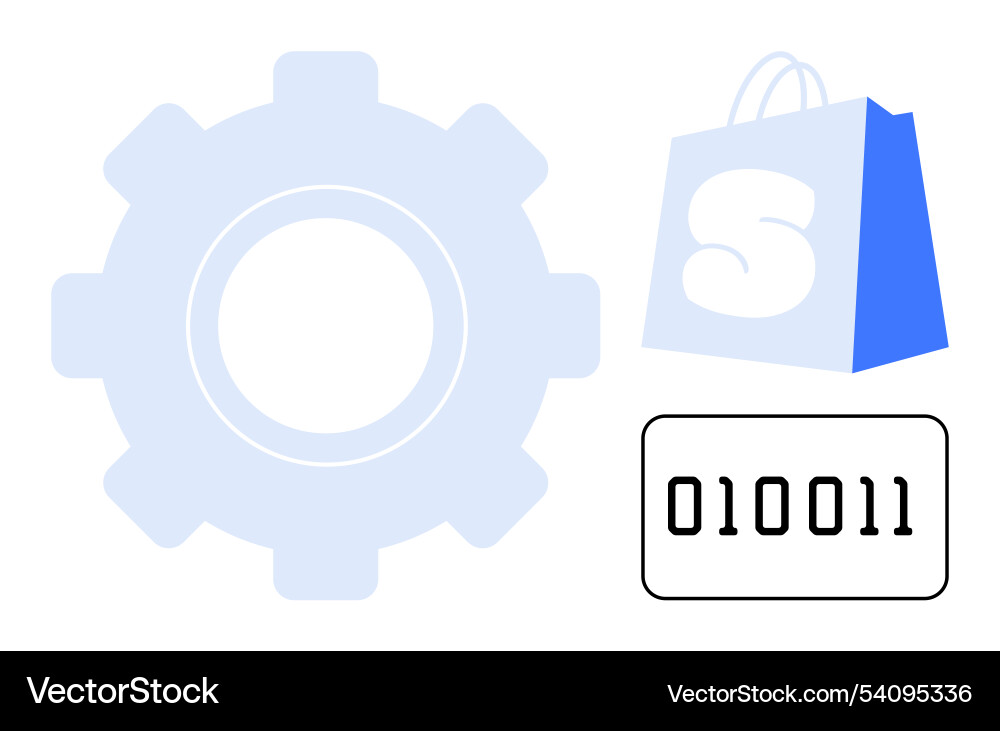 Gear shopping bag and binary code representing e Gear shopping bag and binary code representing e vector image