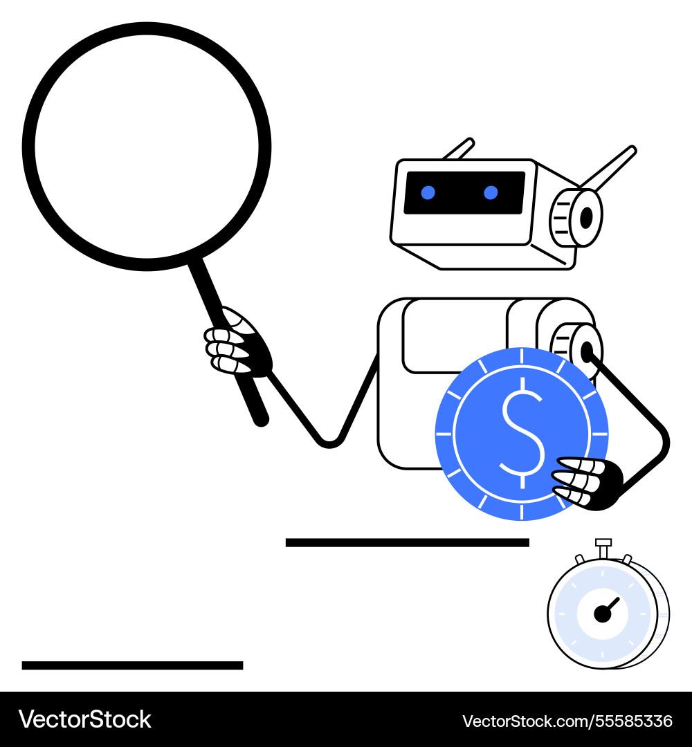 Robot with magnifying glass and coin representing Robot with magnifying glass and coin representing vector image