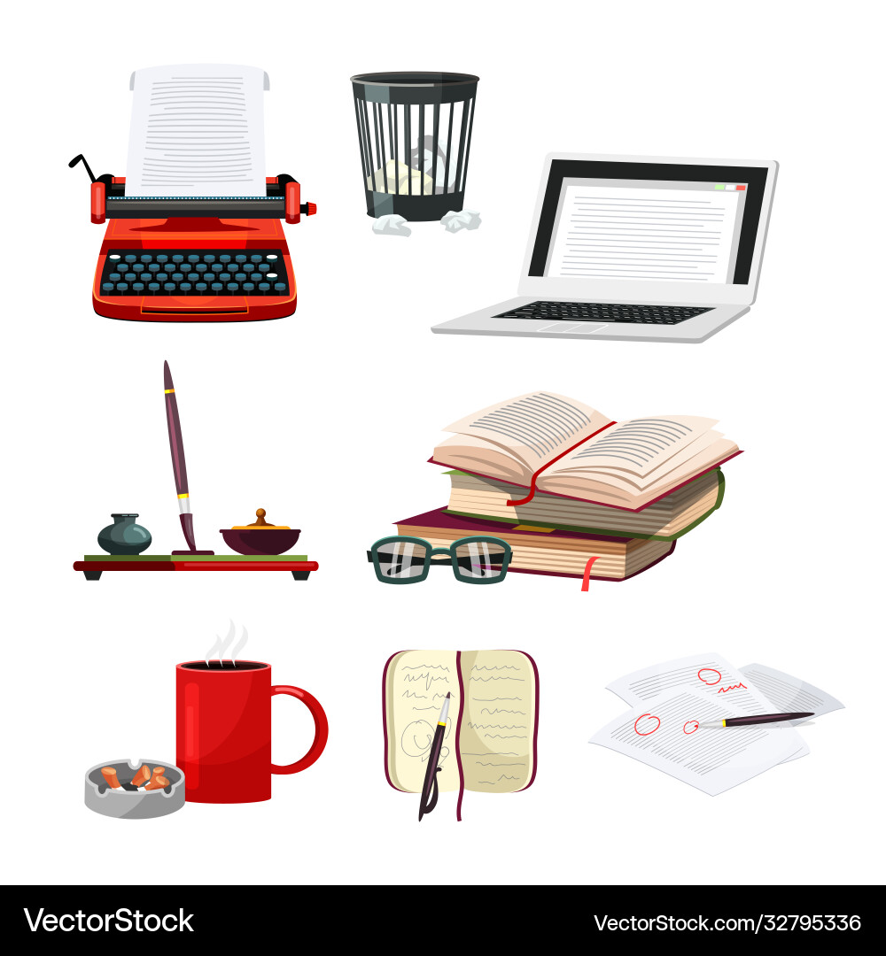 Writer cartoon accessories and attributes set Writer cartoon accessories and attributes set vector image